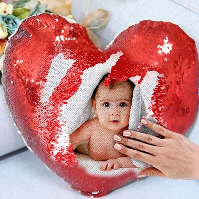 personalized heart shaped sequin cushion magic reveal photo, Messages (Red) (Cushion for expressing Your Feelings to Your Loved Ones.)